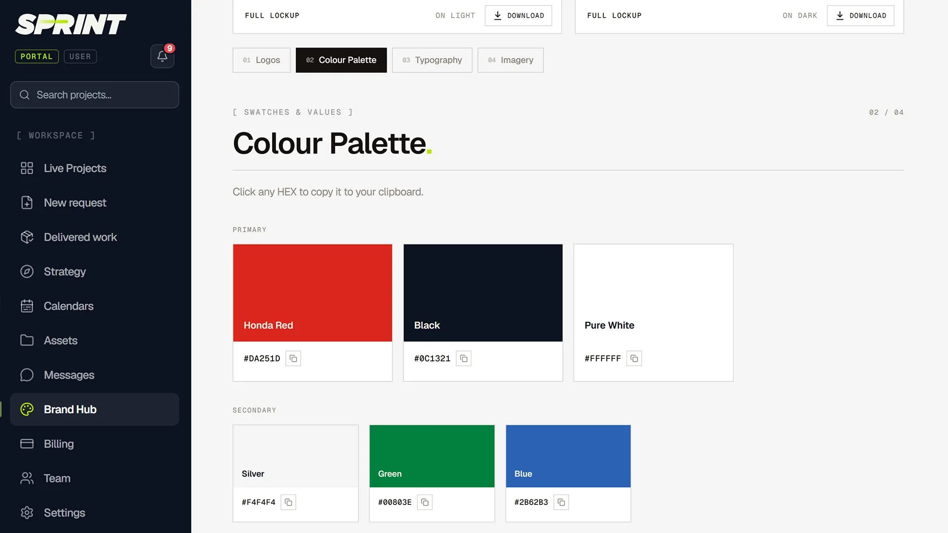 Sprint Portal brand hub showing a client’s logos, palette and fonts